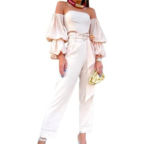 BAMBOOBOY Popular Womens Clothing Autumn Chic Puff Sleeve Cotton Linen Off the Shoulder Top Casual Pants Set FD504