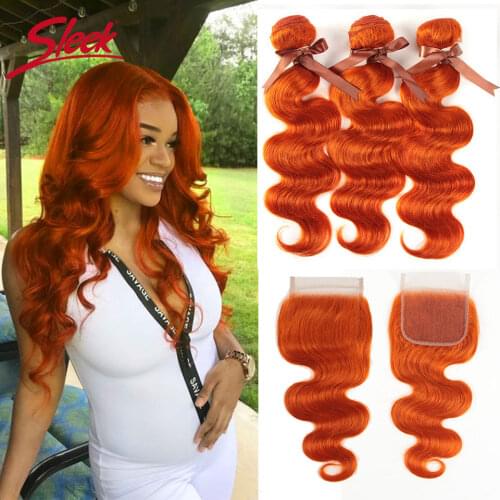 Sleek Mink Orange Color Brazilian Body Wave Bundles With Lace Closure 8-28 Inches Remy Human Hair Weave Bunldes Free Shipping