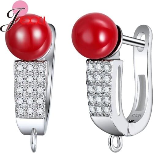 Super Cute 925 Sterling Silver Earrings U Shape Earrings WIth Red Ball White Cubic Zircon Girls Summer Decoration