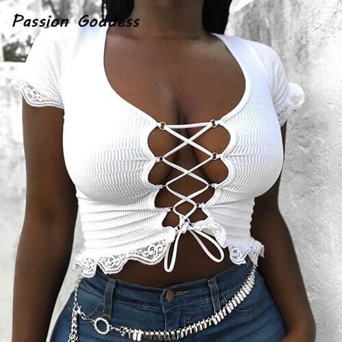 Lace-up Knit Cropped Shirts Lace Ruffles Front Tie Up Cropped T-shirts Party Sexy Cute Women Open T Shirt Cardigan Korean Style