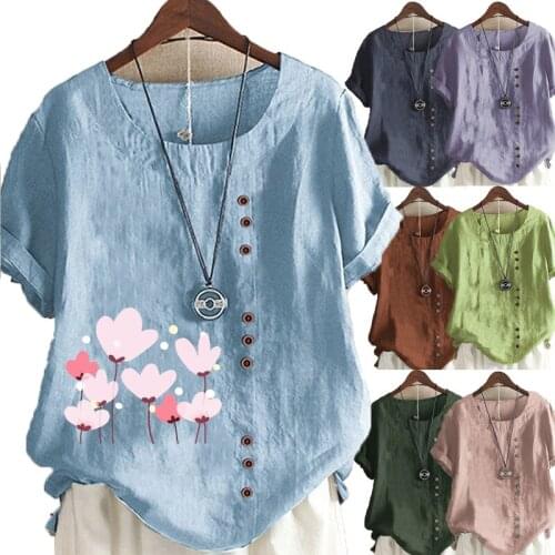 Womens New Fashion Linen Shirt Round Neck Short Sleeve Flower Printed T-shirt Summer Ladies Casual Plus Size Blouse Tops
