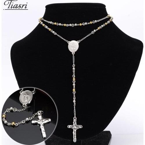Tiasri Women Necklace Jewelry On The Neck Chains Cross Pendant Long Chain Sweater Beaded Tail Choker Stainless Steel Jewelry