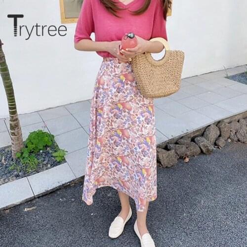 Trytree 2020 Summer Women Casual Skirt Print 2 Color Elegant Elastic Waist Fashion A-line All-Purpose Style Mid-Calf Skirt