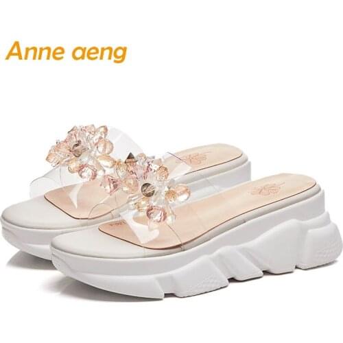 2019 New Summer Genuine Leather Outside Women Slippers High Wedge Heel Crystal Fashion Women Platform Shoes White Mules Slides