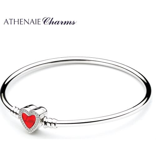ATHENAIE 925 Sterling Silver Basic Charm Bracelet Bangle Pave Clear CZ Heart-Shaped Enamel Snap Clasp Fit Women Charms Valentine