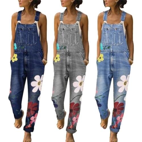 2020 New Summer Women Long Jumpsuits Fashion Flowers Printed Jeans Romper Casual Floral Pocket Playsuit Washable Denim Overalls