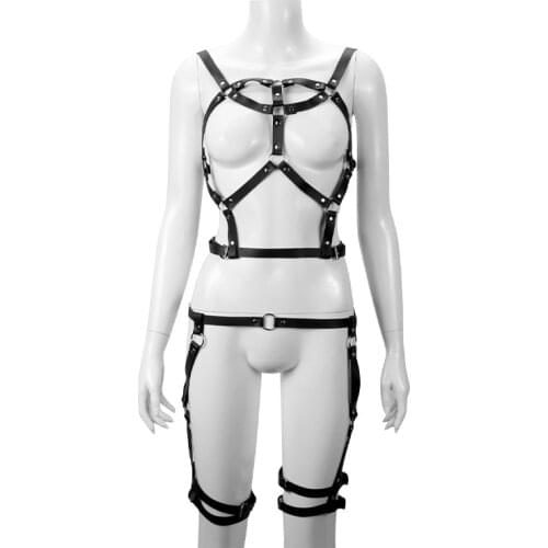 Womens Sexy Leather Lingerie Set Fetish Babydolls Open Bra Chest Harness Bondage Crotch Harness Belt Exotic Appeal for BDSM Sex