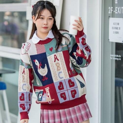 Cartoon Jacquard Kawaii Pullover Knit Sweaters Women 2021 Winter Warm Sweet Korean Fashion Ladies Soft Graphic Jumpers Top