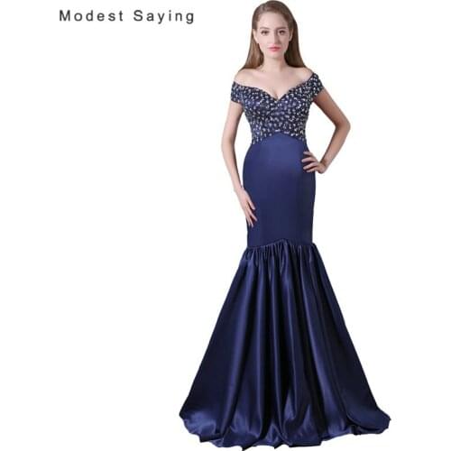Sexy Blue Mermaid Beaded Evening Dresses 2017 with Rhinestone Formal Engagement Long Party Prom Gown vestido longo de festa A022