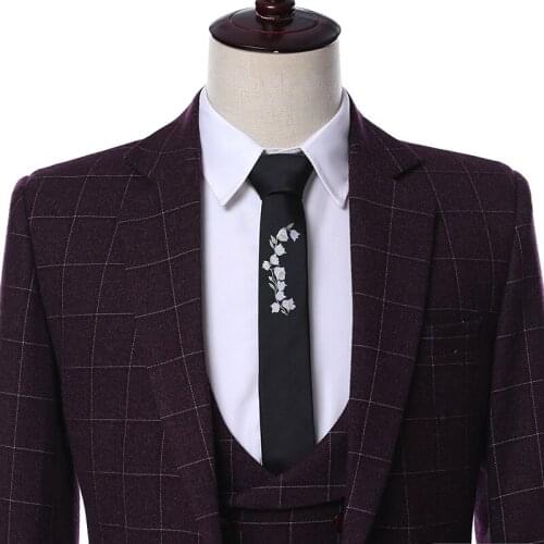2019 Elegant Brand Design Terno Slim Fit 3 Piece Wool Business Men Plaid Suits Custom Made Burgundy Groom Tuxedo Wedding Suit