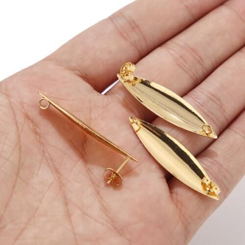 50pcs New Gold Plated Stainless Steel Willow Leaf Large Earrings Post Connectors With Ring DIY Earring Findings