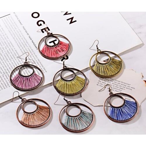 6 Colors Womens Ethnic Silk Double Round Summer Drop Earrings Jewelry Brincos Tribe Dangle Earrings 2020
