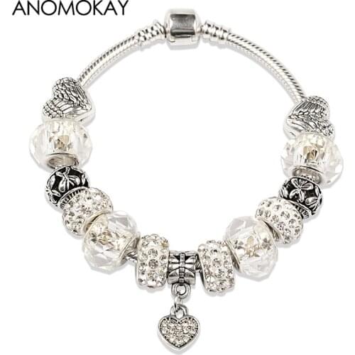 Anomokay White Heart Pendant Jewelry Charm Bracelet & Bangle White Murano Beads fit Bracelet for Women Diy Jewelry Making