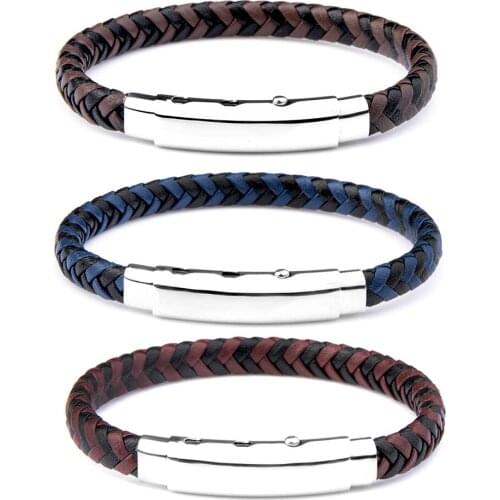 Chanfar Genuine Leather Bracelet For Men Blue Brown Braided Rope Bracelets For Male Stainless Steel Hidden Safety Clasp Bangles