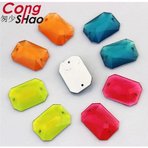 Cong Shao 100pcs 13*18mm Fluorescent color Rectangle Resin Rhinestone stones and crystals sewing 2 Hole DIY costume Button CS206