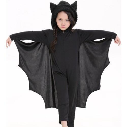 Kids Vampire Bat Costume Onesies Evil Bat Cosplay Black Jumpsuit Hooded Leotard Halloween Costumes for Children boy girl
