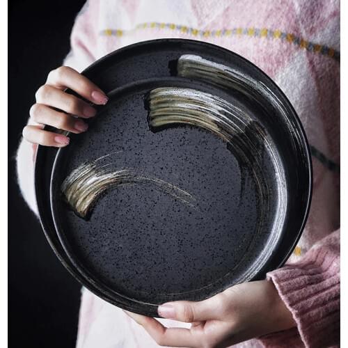FANCITY Japanese Art Ceramic Black Western Steak Plate Modern Kitchen Retro Round 10-inch Dessert Sushi Salad Plate Commercial T