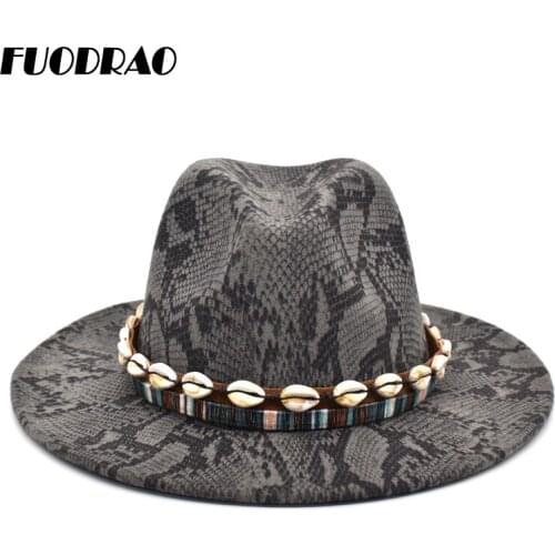 FUODRAO New Snake Print Fedora Women High Quality Felt Wide Brim Hats Wool Autumn Winter Jazz Caps Men Vintage Cowboy Hat F34
