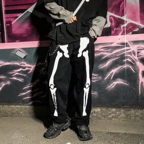 American retro skull print casual tide brand vibe street hip-hop loose straight-leg pants mens jeans