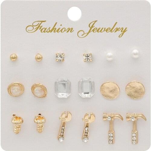 9 Pairs Stud Earrings Set With Card Transparent Rhinestone Balls Star For Women Girls Fashion Ear Jewelry Gifts