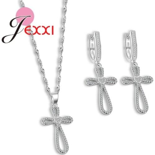 Eternity Cross Ribbon Jewelry Sets For Women Wedding with CZ Zirconia Earrings/Pendant/Necklace Jewelry Set
