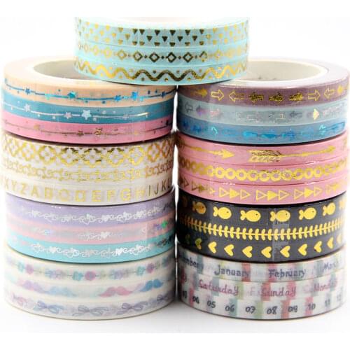 New 5mm Gold foil washi tape set arrows, hearts, stars designs colorful slim washi tape 3 rolls/per lot length 10mm