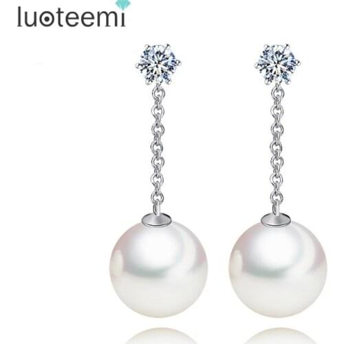 LUOTEEMI Popular Woman Long Vintage Elegant Drop Earrings for Bridal Wedding Party Brincos CZ Imitation Pearl White Gold-Color