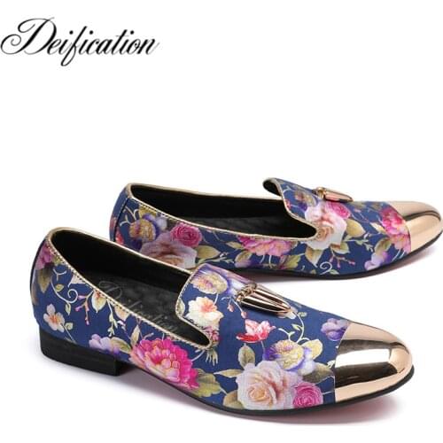 Deification Luxury Flowers Printed Men Casual Leather Shoes Italian Design Men Oxfords Shoes For Men Slip On Party Prom Shoes 46