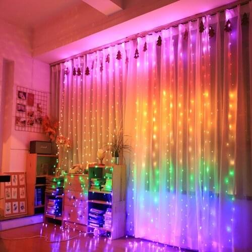 3*3M 300LEDs Fairy String Lights With Remote Christmas Rainbow Curtain String Lights Copper Wire Window Curtain Icicle Lights