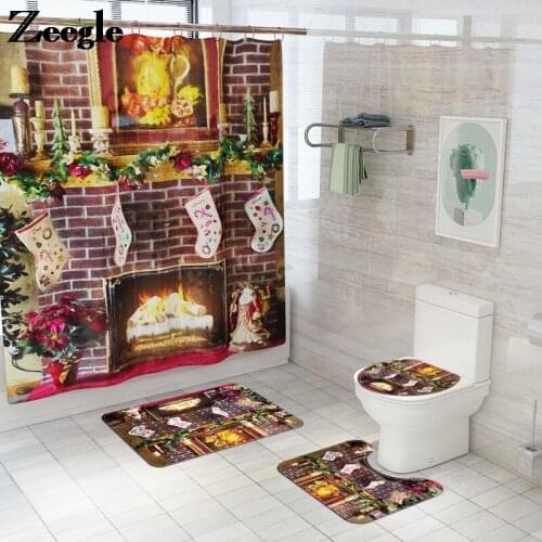 Christmas Bath Mat and Shower Curtain Flannel Bathroom Floor Mat Waterproof Shower Curtain Printing Toilet Mat Bathroom Carpet