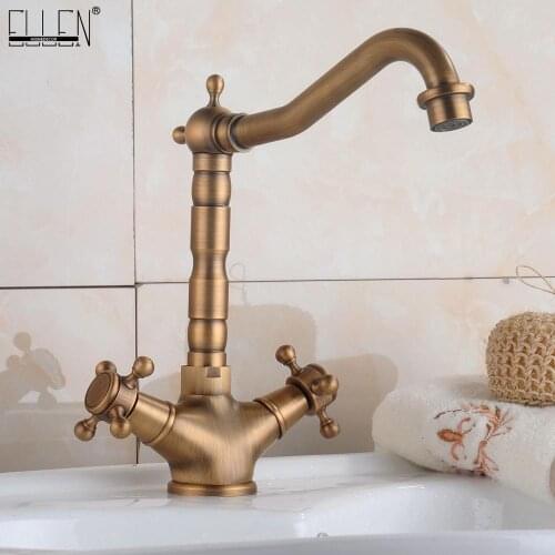 Vidric Deck Mounted Faucets Bathroom Basin Sink Mixer Tap Dual Handle Hot Cold Faucet Antique Bronze Copper Crane EL9121B