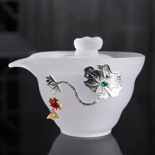 Glass Tea Tureen 170ml White Jade Porcelain Tea Bowl with Lid Silver Gaiwan Chinese Kung Fu Teaware Hand Grasp Bowl Drinkware