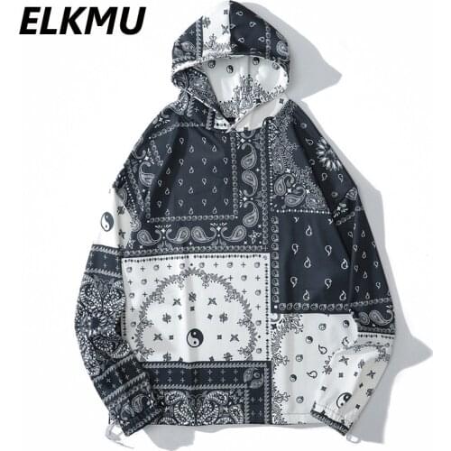 ELKMU Bandana Paisley Pattern Hoodies Harajuku Streetwear Sweatshirt Loose Tops Casual Patchwork Color Block Hoodie Male HE576
