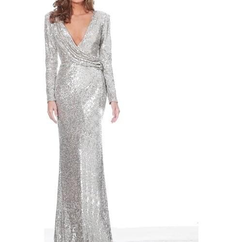 V Neck Sequined Full Sleeved Evening Party Dress Gown Stretchy Long Dress Autumn Winter