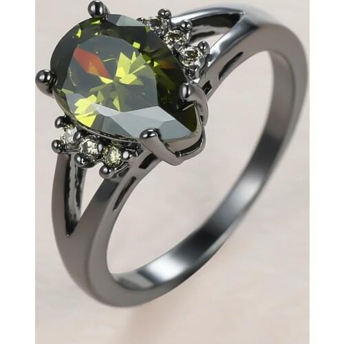 Vintage Female Olive Green Crystal Ring Charm 14KT Black Gold Wedding Rings For Women Classic Water Drop Zircon Engagement Ring