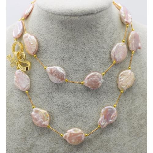 Ladys fashionable natural 30" 20-24mm freshwater pearl reborn keshi purple flat necklace