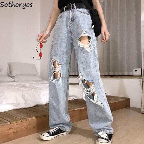 Jeans Women High Waist Plus Size 5XL Straight Loose Casual Korean Style Streetwear Mopping Trendy Ripped Holes Trousers Females