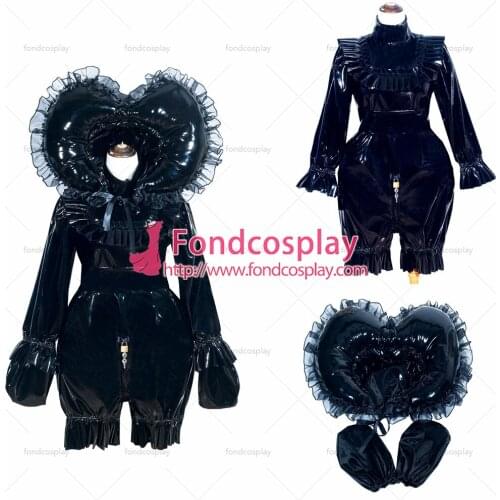 Fondcosplay adult sexy cross dressing sissy maid short French Lockable Black thin PVC Romper bonnet Jumpsuit Tailor-made[G4011]