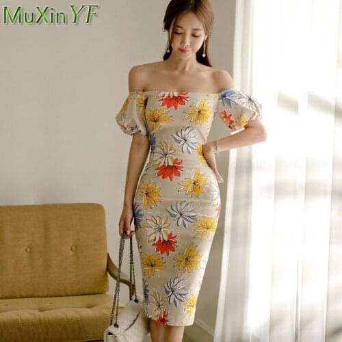 Korean Womens Graceful Lantern Sleeve Midi Length Dress Summer 2021 Office Lady Fashion Off-Shoulder Print Floral Bodycon Dress