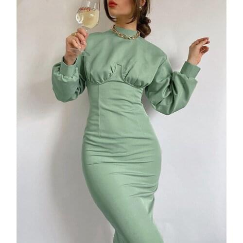 Turtleneck Spring Women Dress Elegant Casual Midi Dress Long Sleeve Green High Waist Solid Fashion Ladies Dresses Tunic 2021