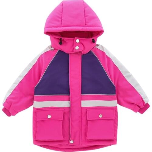Girls winter hooded cold resistant jacket Girl fashion splicing pie overcomes Girls plus velvet padded casual jacket
