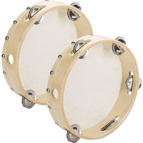 2 Pieces (8 Inch) Wood Handheld Tambourine Single Row, Tambourines with Jingle Bells(Log)