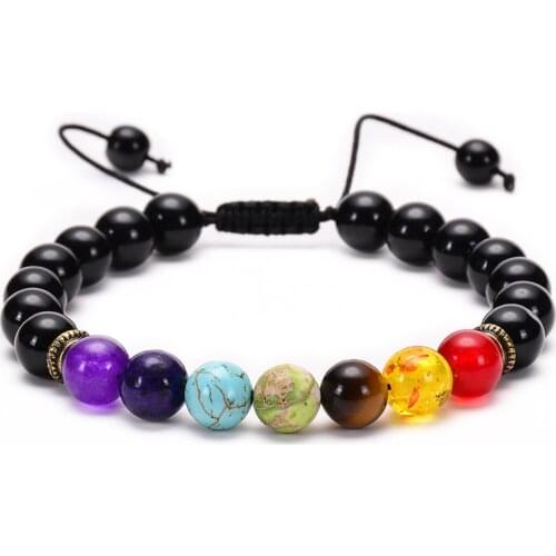 2020 Fashion Simple Style Shiny Onxy Natural Stones Colorful Seven Chakra Yoga Energy Beaded Charms Unisex Bracelet For Women