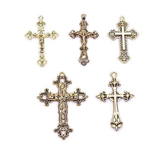5Pcs/Lot Antique Gold Mixed Styles Zinc Alloy Jesus Cross Charms Pendants Jewelry Findings Making Accessory For DIY Necklace