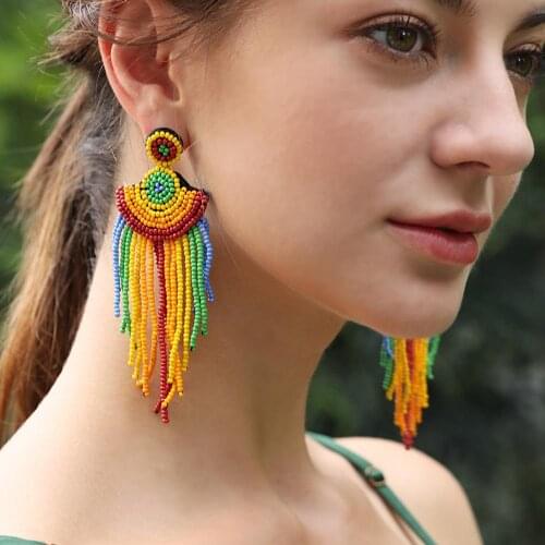 Bohemia Beads Thick Tassel Earrings Women Handmade Multicolor Statement Long Drop Earrings Jewelry Ethnic style Accessories UKEN