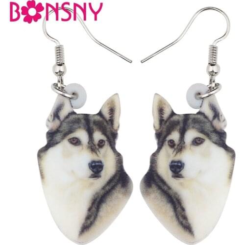 Bonsny Lovely Alaskan Malamute Dog Earrings Big Long Drop Dangle Animal Acrylic Jewelry For Girl Women Charms Accessories Bulk