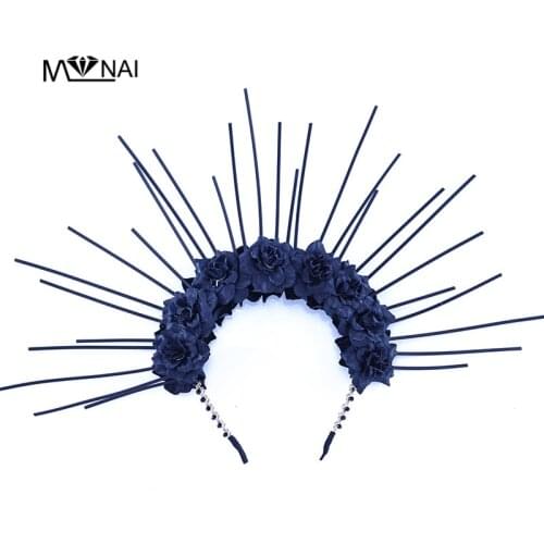 Gothic Black Flowers Halo Crown Hairband for Party Halloween Handmade Retro Floral Crowns Head Wear Women Fancy Dress Photograph