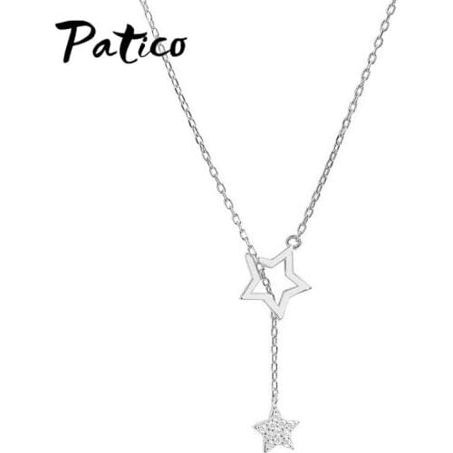 Exquisite 925 Sterling Silver Double Star Pendant Necklace Women Clavicle Chain Korean Simple Crystal Jewelry New Year Gift