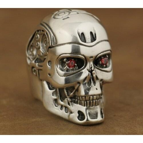 LINSION Handmade 925 Sterling Silver Red CZ Eyes Terminator Mens Biker Robot Ring TA80 US Size 8 to 13