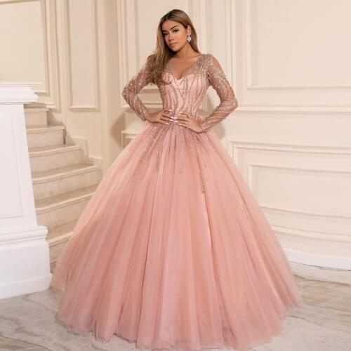 Sweet Blush Pink A-line Bridal Dresses See Thru Full Sleeves Sequined Long Tulle Women Dresses Birthday New Year Party Gowns